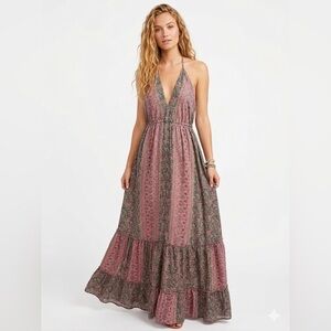 Silk Boho Halter Maxi Dress Festival Paisley Vacation Gypsy Coastal Size XS to L